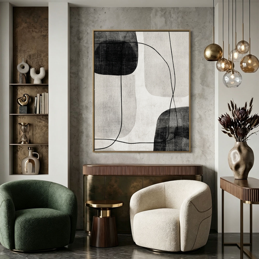 Black and White Minimalist Abstract Organic Shapes & Curved Lines Textured Canvas Wall Art for Modern Home Office Living Room Bedroom Dining Room Hallway Decor