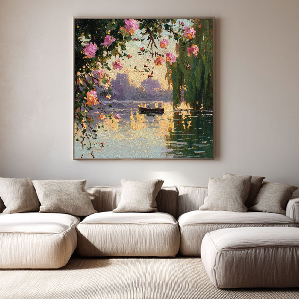 Textured Floral Wall Art | Impressionist Sunset Lake Hand-Painted Canvas