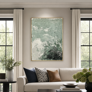 Abstract Textured Sage Green, Black, And Off-White Acrylic-Style Vertical Wall Art for Dining Room or Living Room