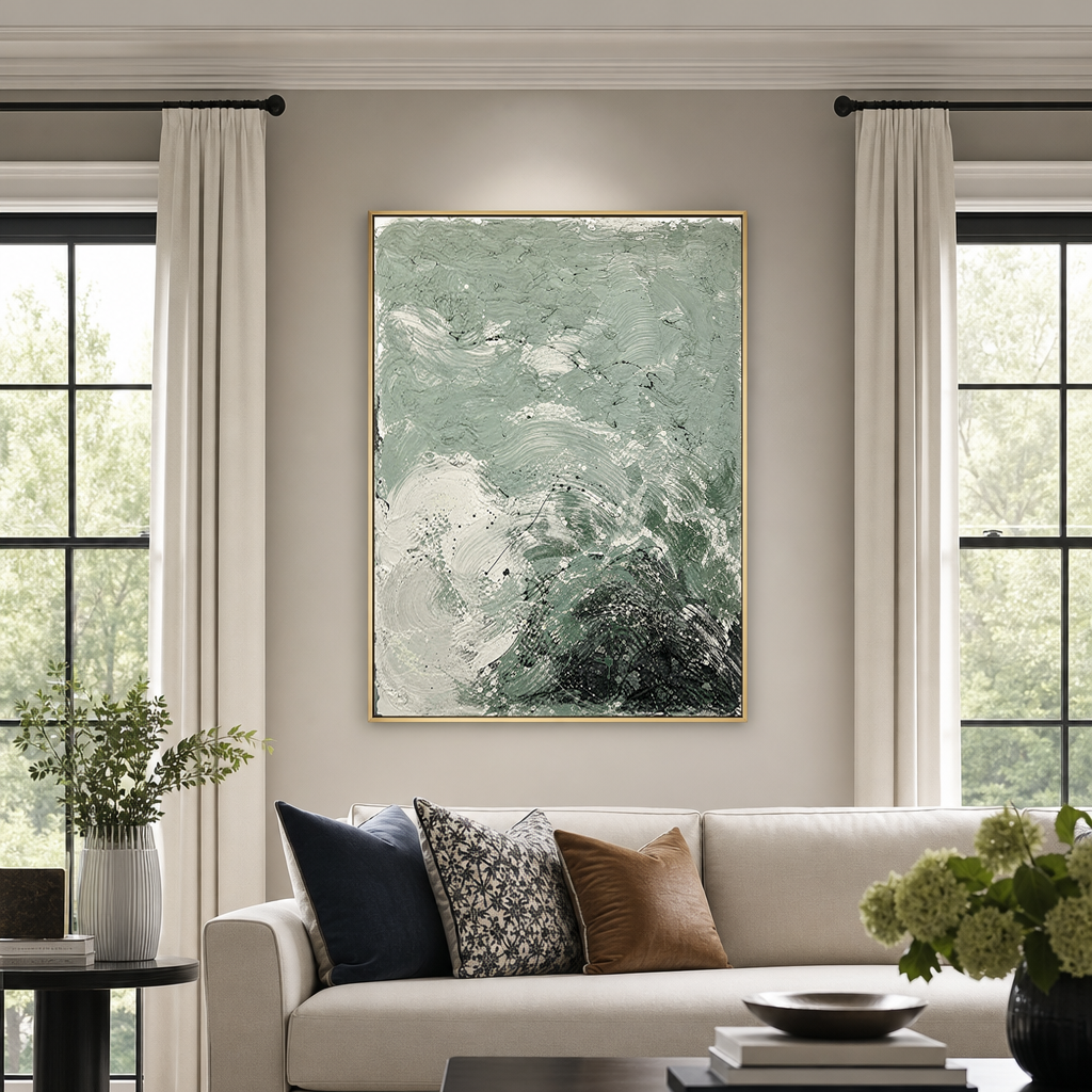 Abstract Textured Sage Green, Black, And Off-White Acrylic-Style Vertical Wall Art for Dining Room or Living Room