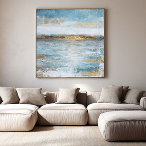 Abstract Blue and Gold Textured Ocean and Sky Canvas Wall Art Modern Minimalist Seascape Painting for Living Room Bedroom Office Dining Hallway Home Decor