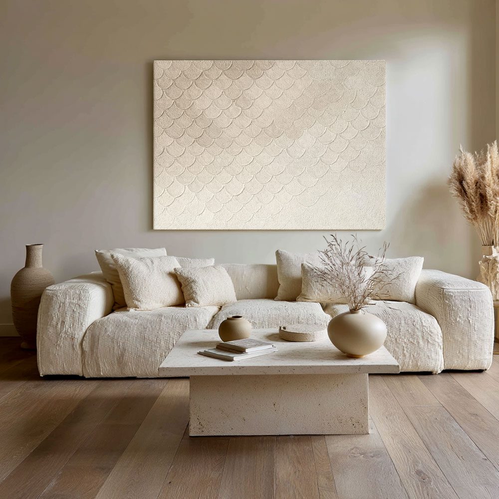Minimalist Beige White Scale Curved Geometry Organic Pattern Textured Abstract Wall Art Warm Soft Neutral Home Decor for Living Room Bedroom Office Hallway Dining Room Calm Relaxing Framed