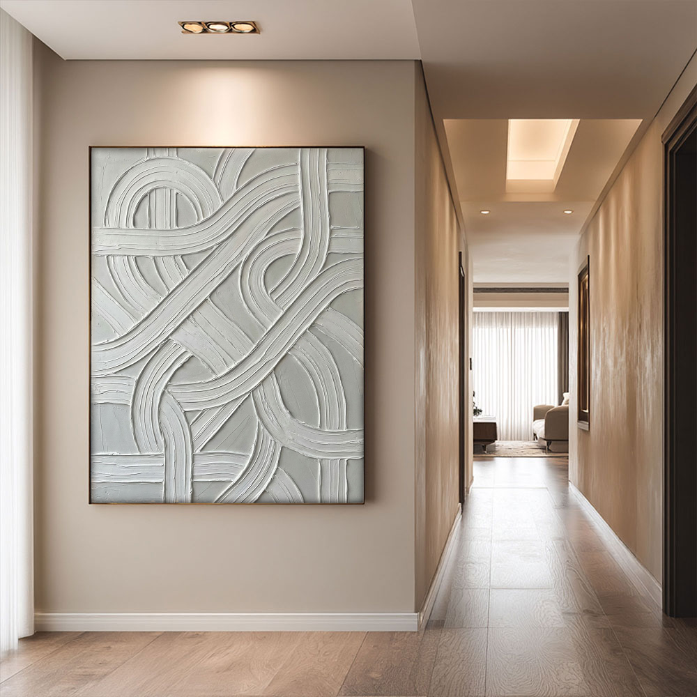 Modern Minimalist Abstract White and Medium Grey Curved & Straight Line Textured Relief Wall Art for Contemporary Home & Office Decor