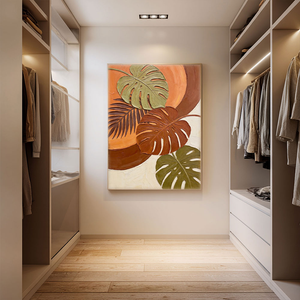 Vibrant Tropical Monstera Palm Leaf Wall Art with Warm Orange Brown Beige Green Tones, Thick Textured Impasto Knife Marks, Modern Botanical Decor for Living Room Bedroom Office Dining Room Hallway