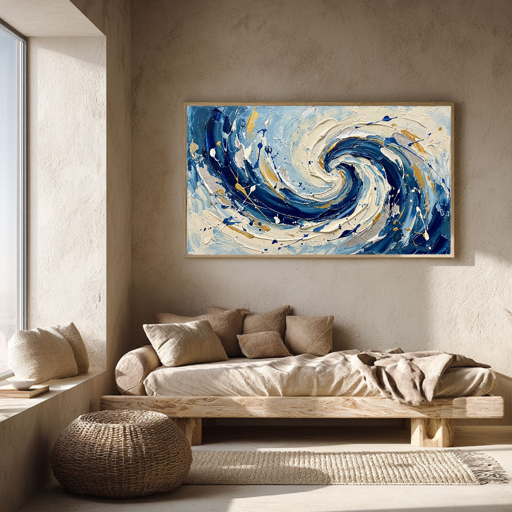 Blue White Gold Abstract Ocean Wave Swirl Thick Impasto Textured Canvas Wall Art Modern Coastal Living Room Bedroom Dining Room Office Hallway Decorative Artwork