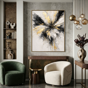 Modern Abstract Black White Gold Impasto Wall Art, Radial Splash Textured Canvas Painting, Thick Knife Brush Marks Framed Artwork for Living Room Bedroom Office Hallway Dining Room, Contemporary Minimalist Home Decor Accent