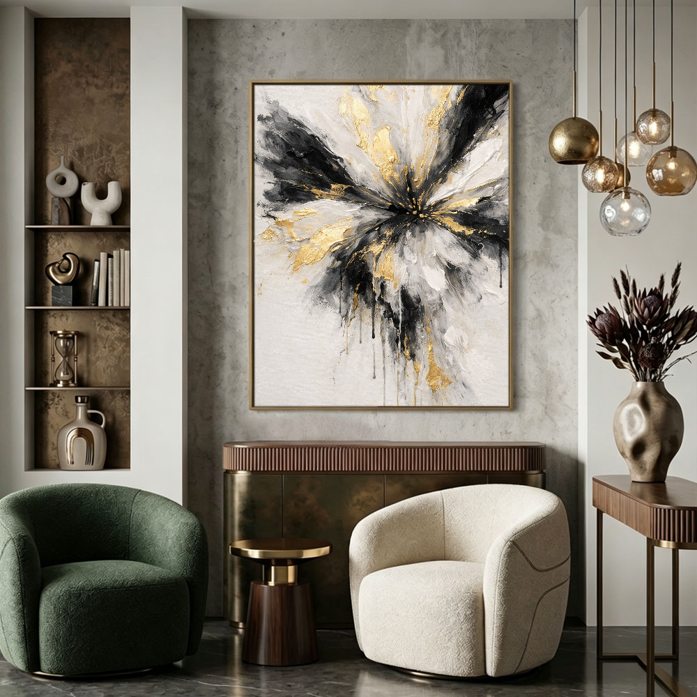 Modern Abstract Black White Gold Impasto Wall Art, Radial Splash Textured Canvas Painting, Thick Knife Brush Marks Framed Artwork for Living Room Bedroom Office Hallway Dining Room, Contemporary Minimalist Home Decor Accent
