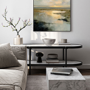 Tranquil Textured Impasto Marshland Sunset Wall Art, Abstract Coastal Wetland Nature Scene Decor, Muted Blue Grey Green Beige Gold Sky Water Painting Style for Modern Farmhouse Living Room Bedroom Dining Office