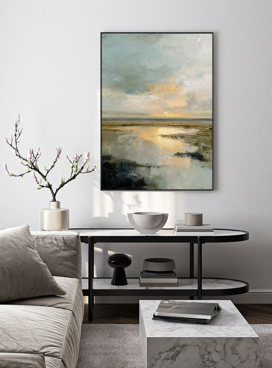 Tranquil Textured Impasto Marshland Sunset Wall Art, Abstract Coastal Wetland Nature Scene Decor, Muted Blue Grey Green Beige Gold Sky Water Painting Style for Modern Farmhouse Living Room Bedroom Dining Office