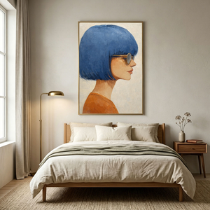 Modern Portrait Woman with Blue Bob Hair Gold Sunglasses Framed Wall Art, Retro Chic Minimalist Female Profile Painting for Home Decor, Vibrant Blue Brown Beige White Artwork