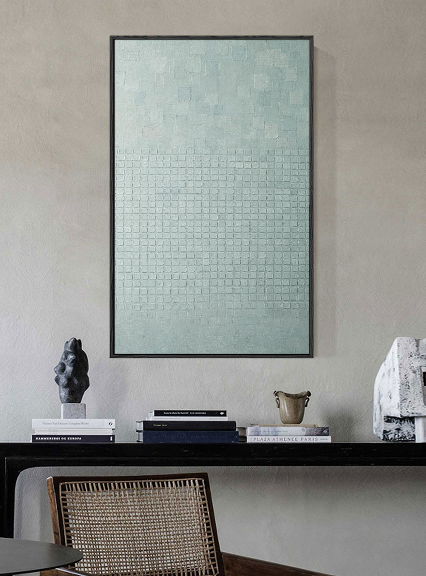 Minimalist Light Blue-Grey Geometric Abstract Textured Wall Art, Subtle Modern Grid and Irregular Block Pattern, Muted Contemporary Wall Decor for Calm Spaces