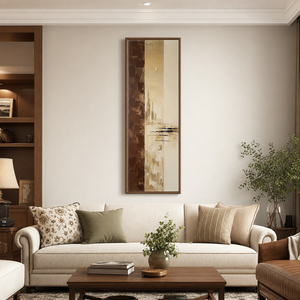 Minimalist Beige Brown Gold Abstract Textured Framed Canvas Wall Art, Vertical Large Size Modern Warm Earthy Tone Impasto Knife Painting for Living Room Bedroom Office Hallway Dining, Soft Moonlit Skyline Scene Artwork