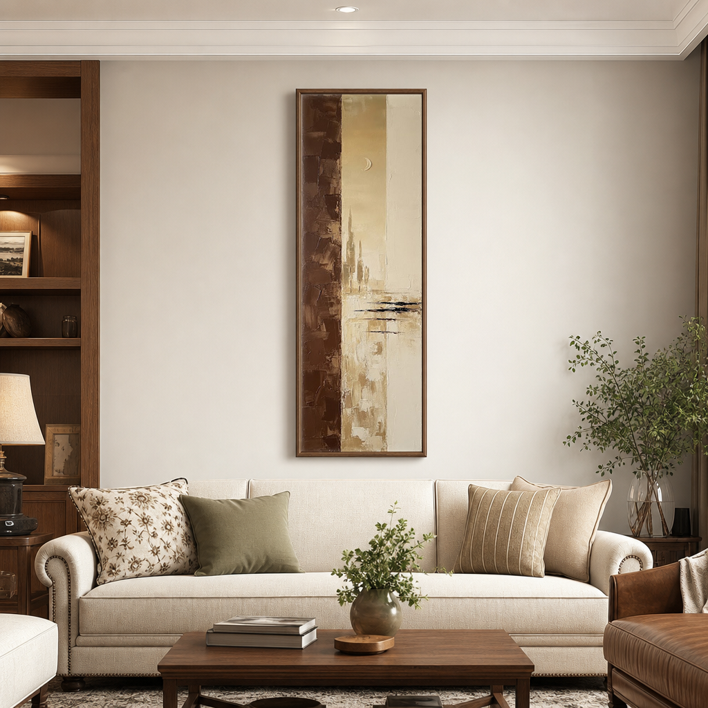 Minimalist Beige Brown Gold Abstract Textured Framed Canvas Wall Art, Vertical Large Size Modern Warm Earthy Tone Impasto Knife Painting for Living Room Bedroom Office Hallway Dining, Soft Moonlit Skyline Scene Artwork
