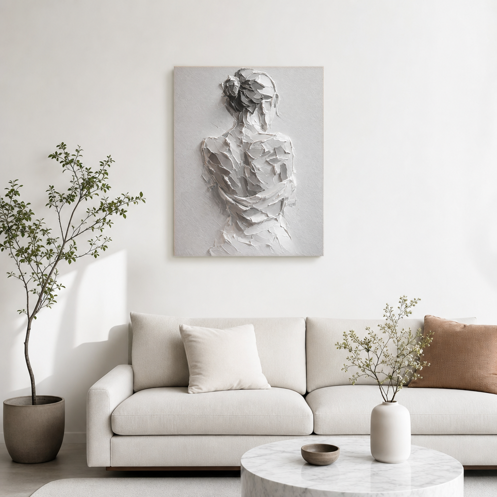 White Gray Textured Abstract Portrait Acrylic-style Vertical Wall Art for Bedroom