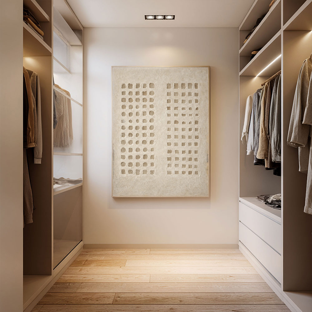 Minimalist Neutral Asymmetrical Geometric Relief Wabi Sabi Plaster Wall Art, Beige Base with Soft Muted Light Medium Grey Imperfect Circles Squares Blocks, Modern Subtle Textured Abstract Decor for Calm Spaces