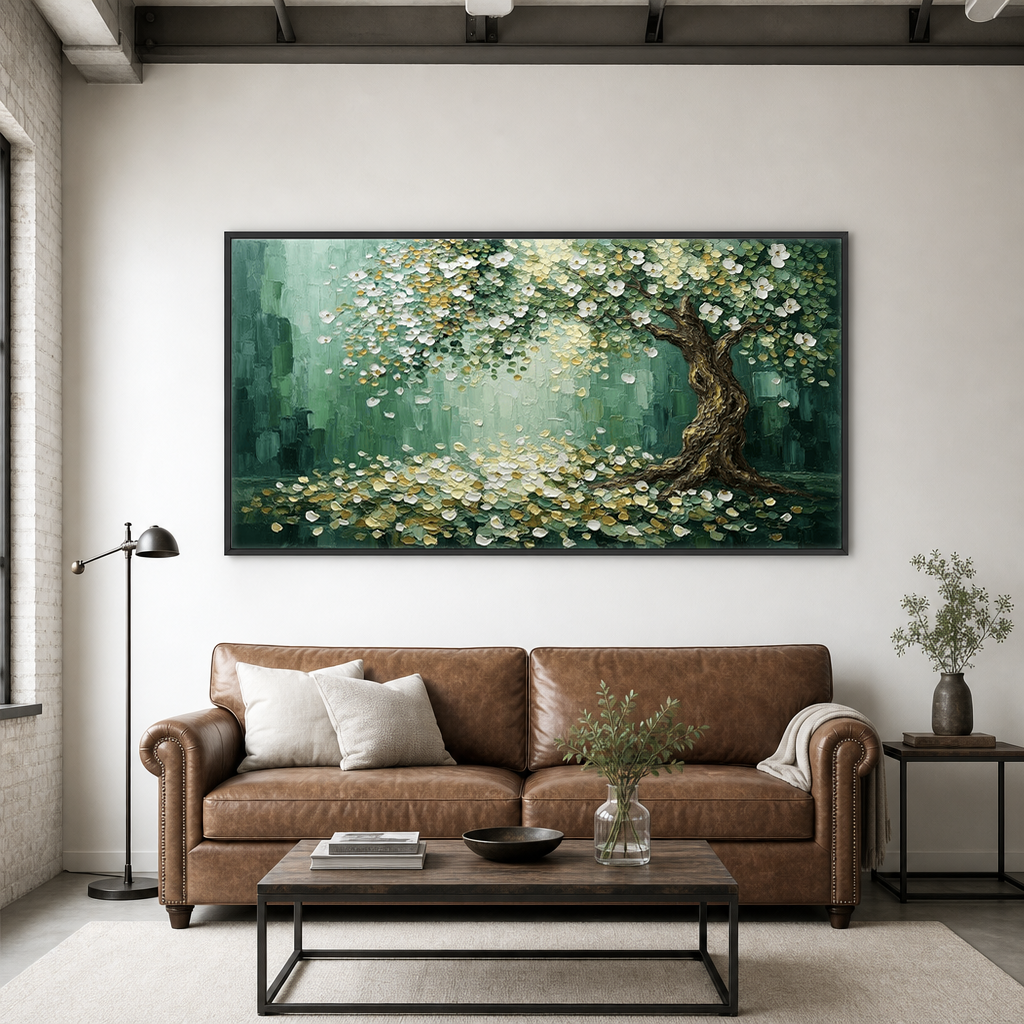 Thick Impasto Textured Flowering Tree Wall Art with Gold Accents, Nature-Inspired Green White Brown Palette Painting for Modern Home Decor, Bedroom Living Room Office Dining Hallway Mural, Canvas Artwork with Rustic Aged Details