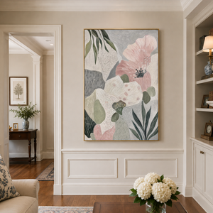 Serene Blush Bloom Abstract Impasto Painting in living room