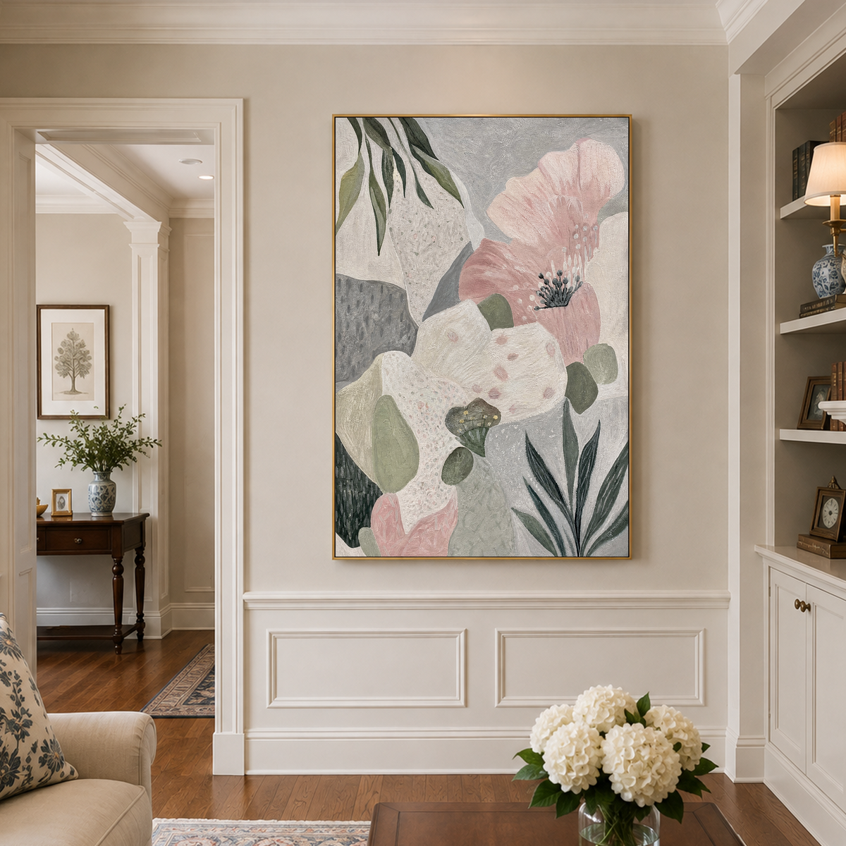 Serene Blush Bloom Abstract Impasto Painting in living room