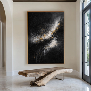 Elegant Black White Gold Abstract Textured Wall Art - Dramatic Contrast Knife Impasto Painting for Modern Minimalist Living Spaces, Office, Bedroom, Dining Room & Hallway Decor