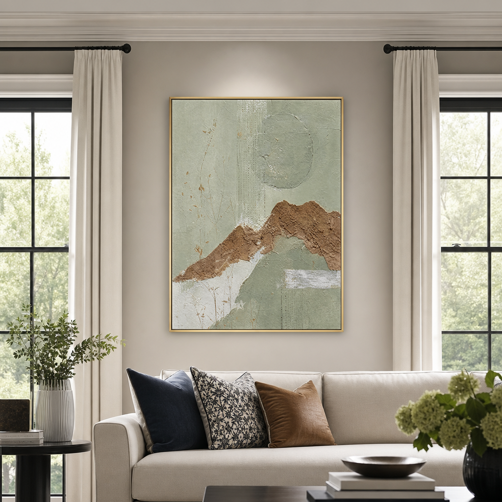 Sage Green Terracotta Abstract Textured Mixed Media Vertical Wall Art for Dining Room Living Room