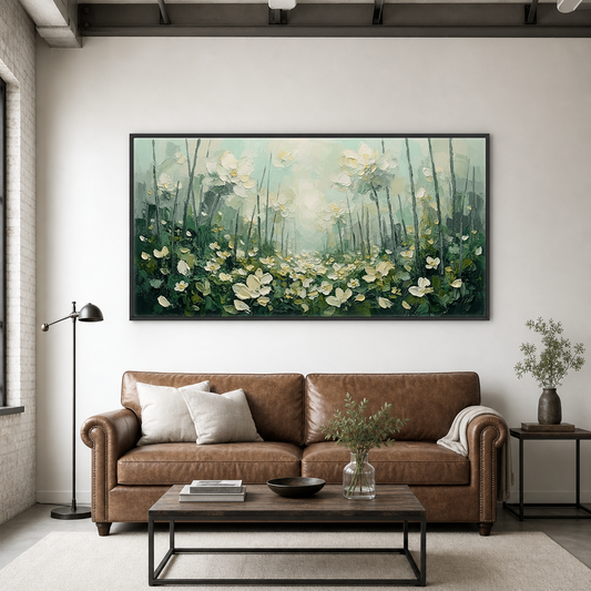 Serene Impasto White Meadow in Sage Green in living room