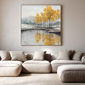 Golden Tree Reflection Landscape Wall Art Textured Impasto Framed Artwork Muted Grey White Lake Scene Wall Decor for Living Room Bedroom Office Dining Hallway