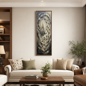 Monochrome Textured Swirling Black Beige Dark Grey Impasto Abstract Vertical Framed Wall Art with Silhouetted Fish School Motifs – Muted Elegant Decor for Contemporary Home or Office Spaces