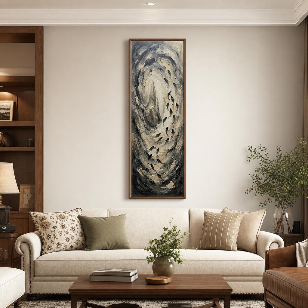 Monochrome Textured Swirling Black Beige Dark Grey Impasto Abstract Vertical Framed Wall Art with Silhouetted Fish School Motifs – Muted Elegant Decor for Contemporary Home or Office Spaces
