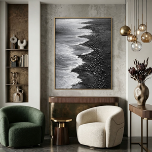 Black and White Coastal Beach Ocean Waves Crashing on Dark Pebble Shore Textured Minimalist Modern Landscape Framed Wall Art for Home Office Decor