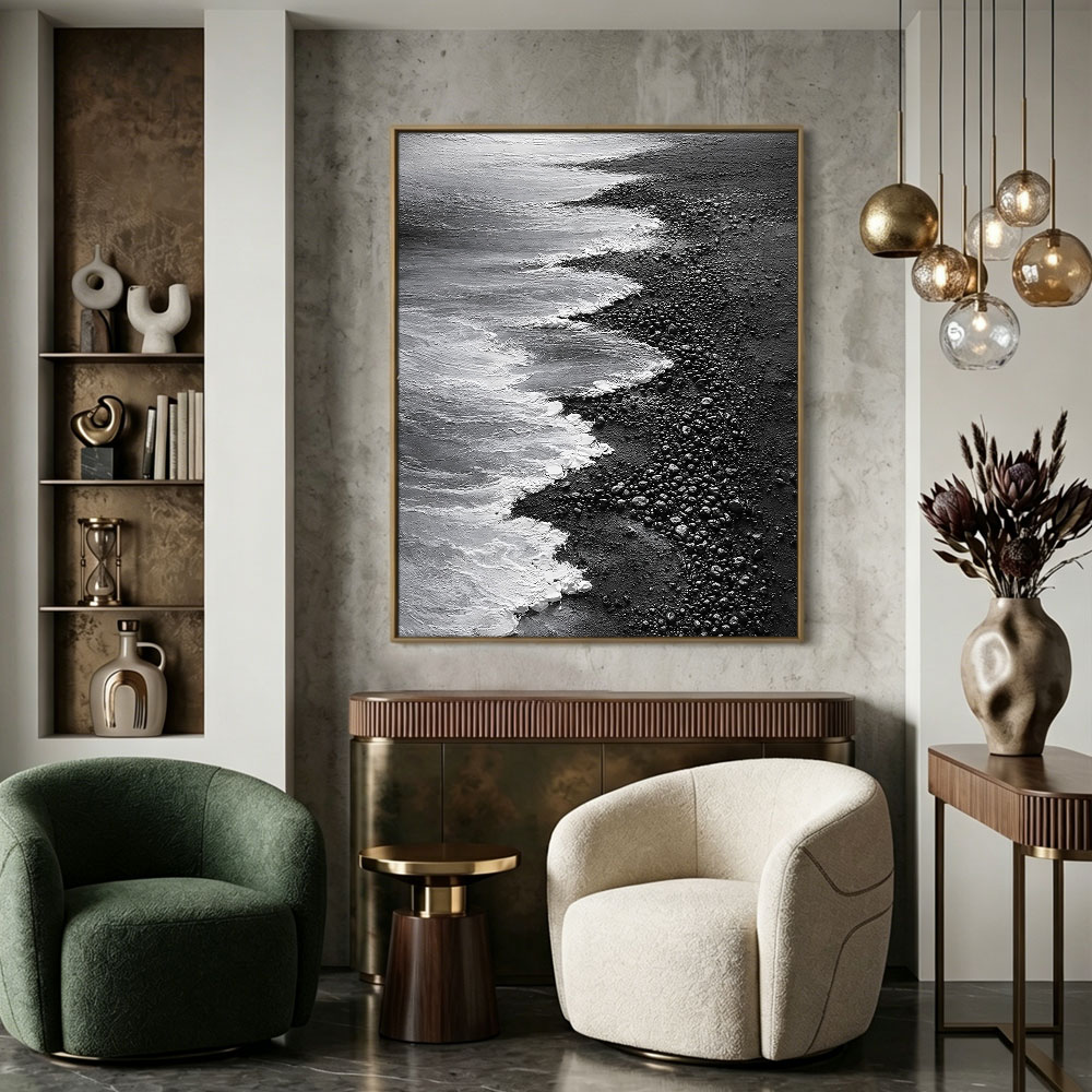 Black and White Coastal Beach Ocean Waves Crashing on Dark Pebble Shore Textured Minimalist Modern Landscape Framed Wall Art for Home Office Decor