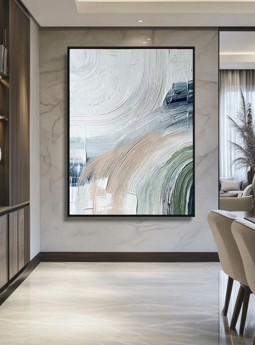 Minimalist Abstract Textured Curved Brushstrokes Blue Green Beige White Impasto Canvas Wall Art for Modern Living Room Bedroom Dining Room Office Hallway Home Decor