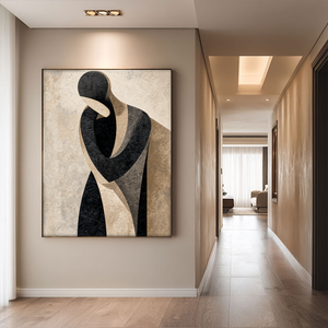 Modern Abstract Geometric Portrait Black Beige Medium Grey Figure Textured Canvas Wall Art Neutral Minimalist Figurative Artwork for Home Office Living Room Bedroom Decor