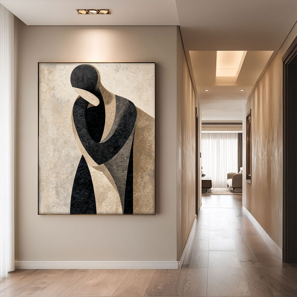 Modern Abstract Geometric Portrait Black Beige Medium Grey Figure Textured Canvas Wall Art Neutral Minimalist Figurative Artwork for Home Office Living Room Bedroom Decor