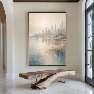 Soft Muted Vintage Textured Global Iconic City Skyline Wall Art, Framed Canvas Coastal & Urban Water Reflection Artwork with Neutral Blue, Beige, White & Brown Tones for Calm Home & Office Spaces Including Living Room, Bedroom, Dining Room, Hallway