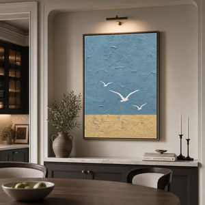 Abstract Blue Beige Vertical Textured Acrylic-Style Ocean And Sky Wall Art For Living Room