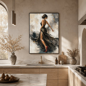 Elegant Female Figure Wall Art, Black Gold Evening Dress Red High Heels, Abstract Textured Background Modern Portrait Artwork, Chic Decor for Living Room Bedroom Dining Room Office Hallway