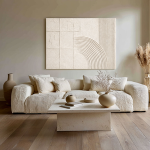 Neutral Beige White Geometric Lines Abstract Textured Minimalist Plaster Wall Art for Modern Living Room Bedroom Office Dining Hallway Home Decor