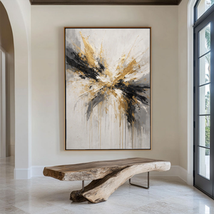 Modern Abstract Impasto Wall Art Gold Black White Medium Grey Splash Thick Knife Paint Textured Canvas Artwork Elegant Contemporary Decor for Living Room Bedroom Office Dining Room Hallway