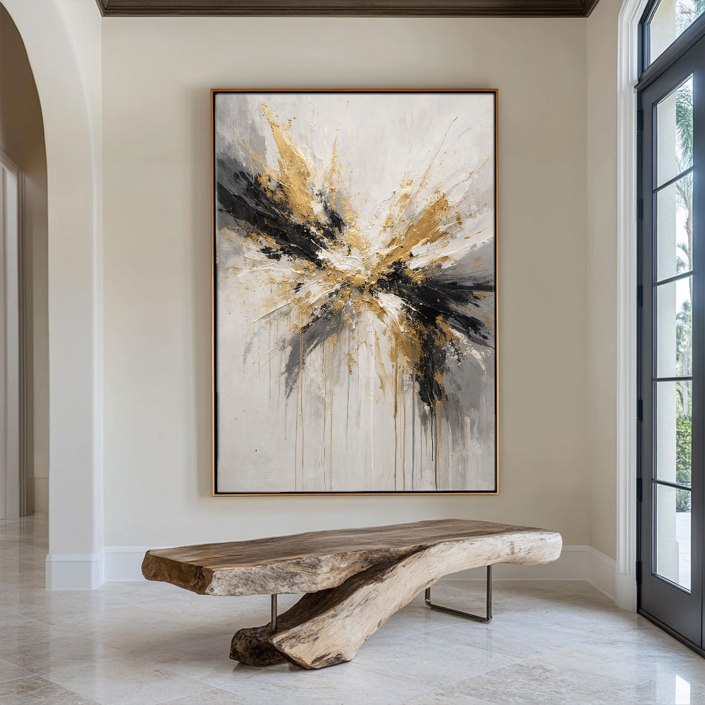 Modern Abstract Impasto Wall Art Gold Black White Medium Grey Splash Thick Knife Paint Textured Canvas Artwork Elegant Contemporary Decor for Living Room Bedroom Office Dining Room Hallway