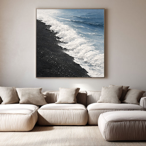 Black Sand Beach Ocean Wave Textured Coastal Landscape Wall Art Abstract Thick Paint Impasto Framed Artwork for Living Room Bedroom