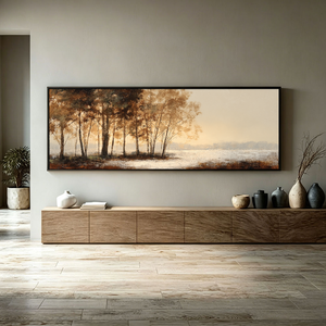 Beige Landscape Wall Art - Misty Forest and Quiet Lake Panoramic Painting