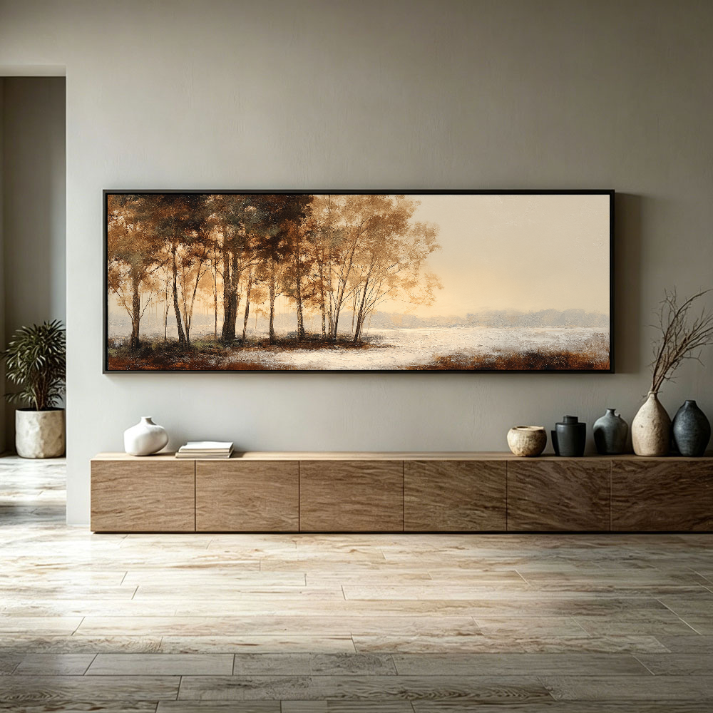Beige Landscape Wall Art - Misty Forest and Quiet Lake Panoramic Painting