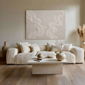 Minimalist Abstract Wavy Lines Textured Framed Canvas Wall Art Soft Neutral Beige White Subtle Organic Decor for Modern Living Room Bedroom Hallway Office Dining Room Cozy Wabi Sabi-Inspired Artwork