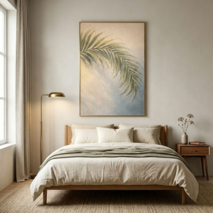 Minimalist Soft Muted Green Beige Palm Leaf Textured Framed Canvas Wall Art for Tranquil Home Decor