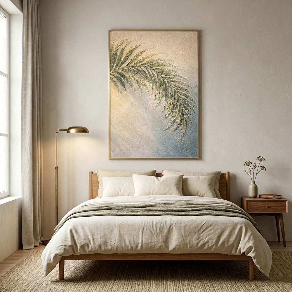 Minimalist Soft Muted Green Beige Palm Leaf Textured Framed Canvas Wall Art for Tranquil Home Decor