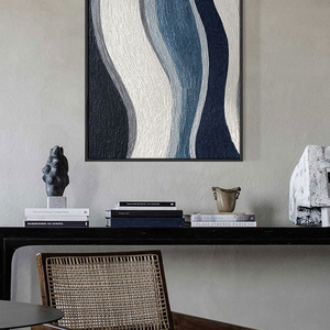 Modern Abstract Black White Blue Grey Curved Geometry Textured Minimalist Wall Art Decor, Large Framed Handmade Wavy Lines Stretched Canvas Artwork for Living Room Bedroom Dining Room Office Home Office Hallway Wall Decor