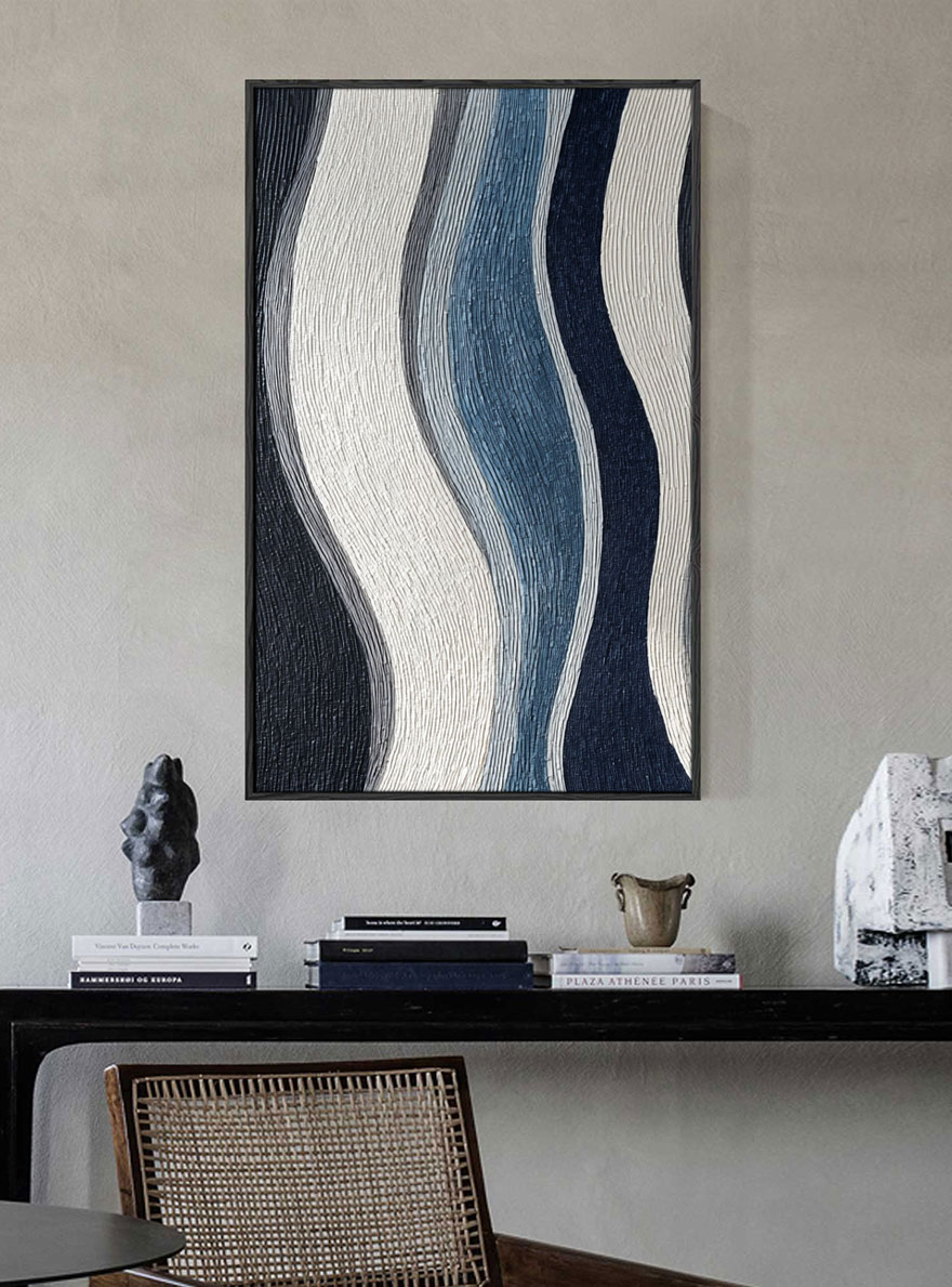 Modern Abstract Black White Blue Grey Curved Geometry Textured Minimalist Wall Art Decor, Large Framed Handmade Wavy Lines Stretched Canvas Artwork for Living Room Bedroom Dining Room Office Home Office Hallway Wall Decor