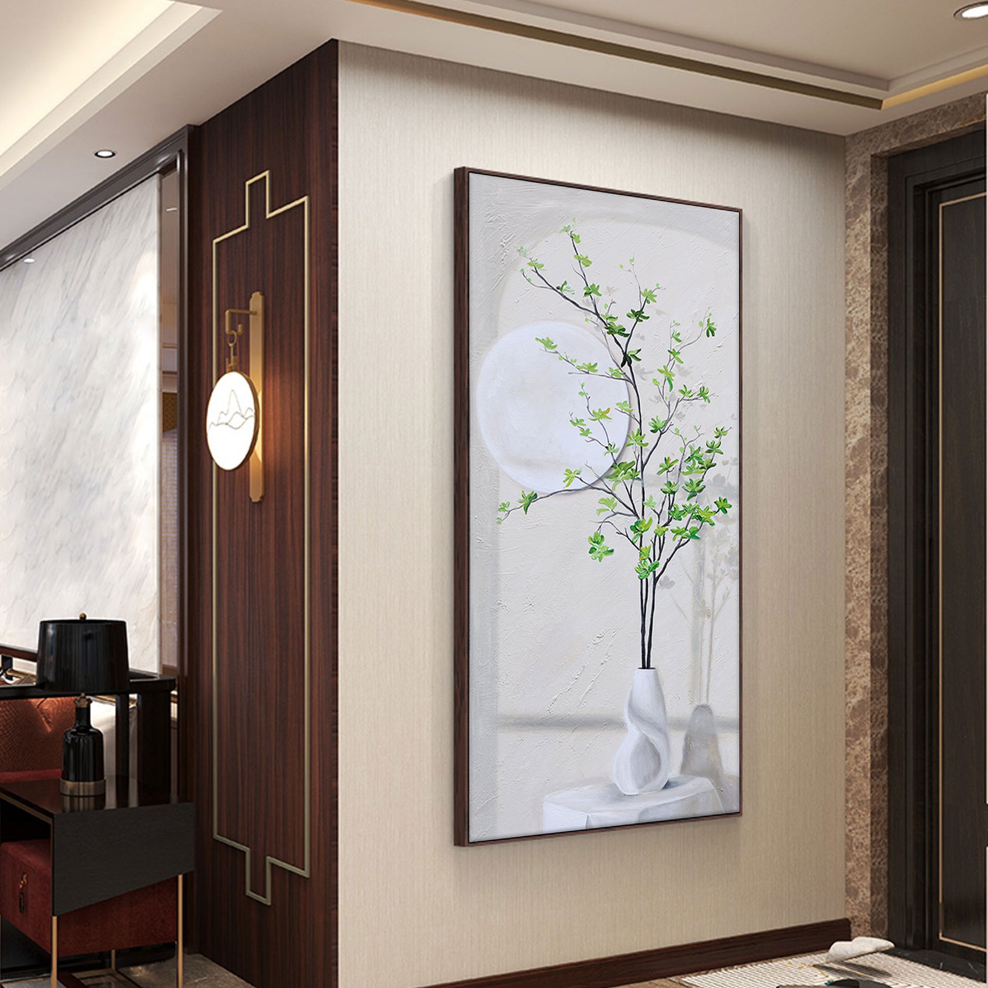 Green And White Wall Art | Flower Vase Painting | Wall Art Decor | Large Acrylic Paint #DF002