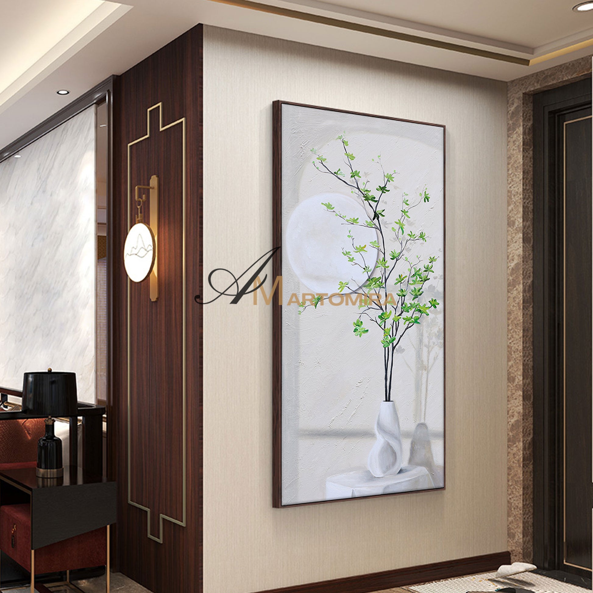 Green And White Wall Art | Flower Vase Painting | Wall Art Decor | Large Acrylic Paint #DF002