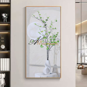 Green And White Wall Art | Flower Vase Painting | Wall Art Decor | Large Acrylic Paint #DF002
